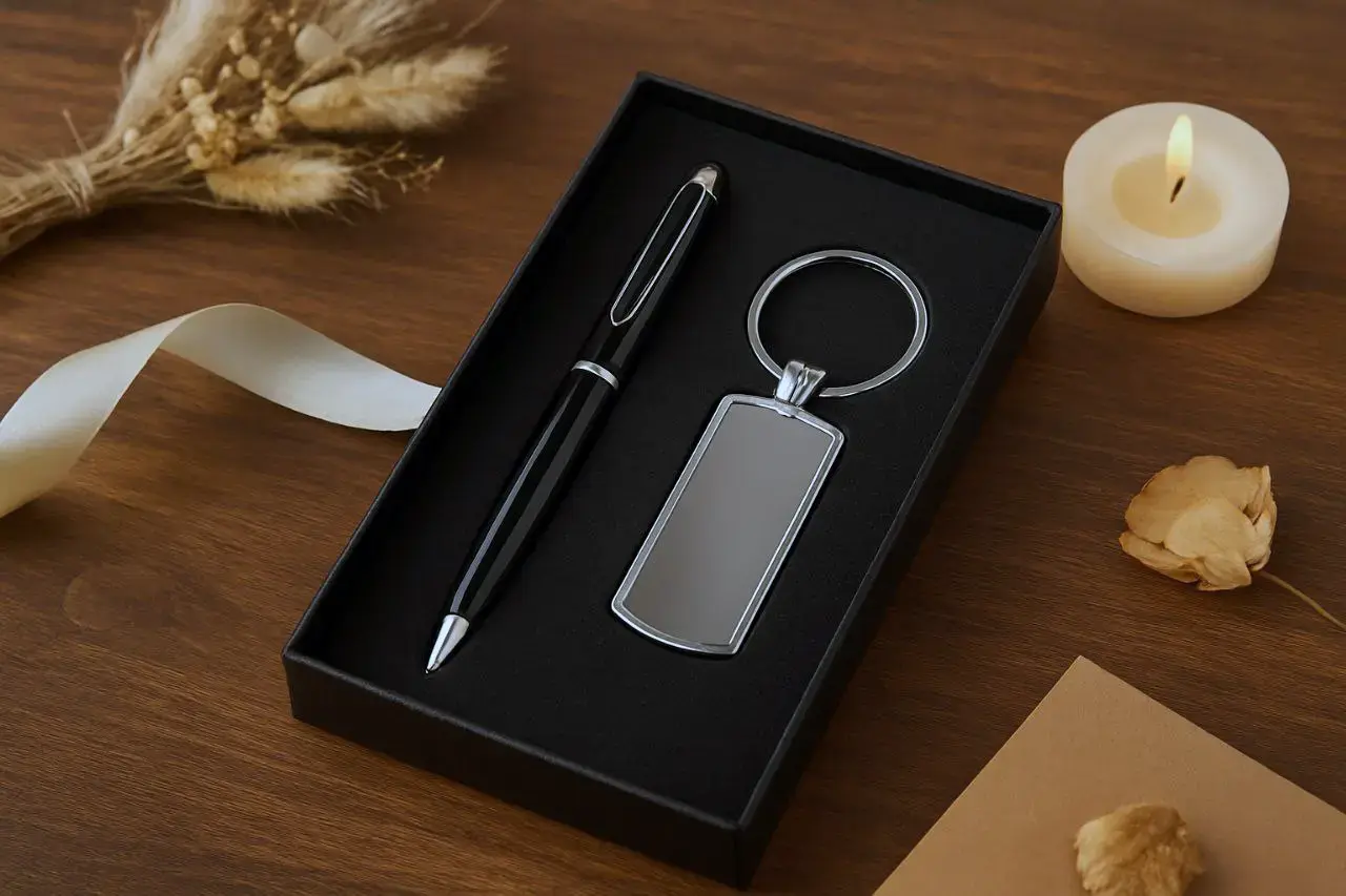 انتخاب پک هدیه خودکار مشکی و جاکلیدی استیل باکیفیت