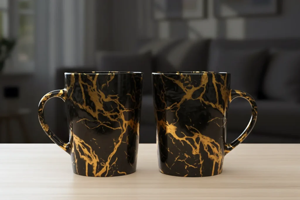 ست ماگ سرامیکی مرمری مشکی–طلایی